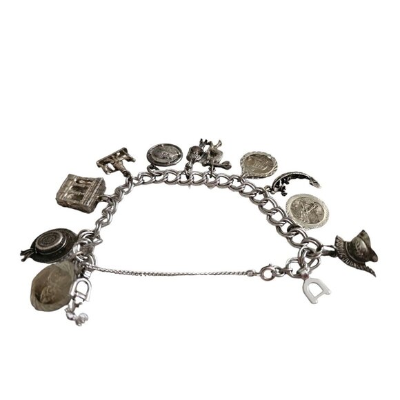 Vintage Monet Charm Bracelet With 11 Charms 800  Sterling 925 Silver 7" Marked - Picture 2 of 16